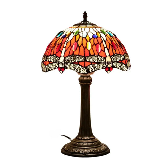 12inch Red Dragonfly Tiffany Lamp Stained Glass Lampshade Vintage Desk Light - CTL