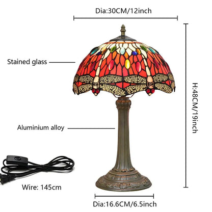 12inch Red Dragonfly Tiffany Lamp Stained Glass Lampshade Vintage Desk Light - CTL