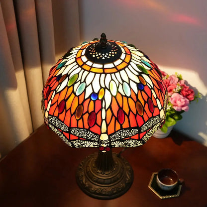 12inch Red Dragonfly Tiffany Lamp Stained Glass Lampshade Vintage Desk Light - CTL