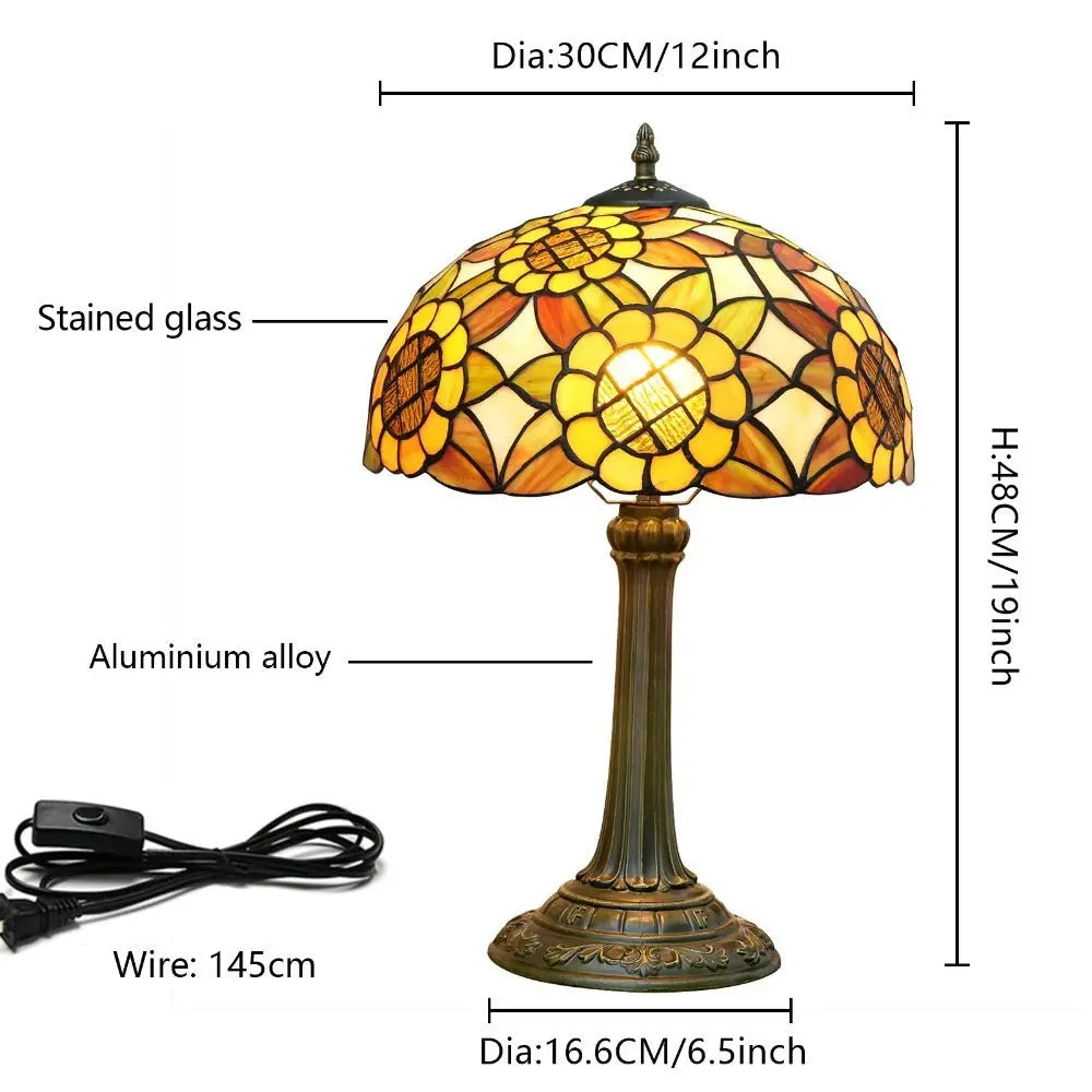 12inch Tiffany Stained Glass American Yellow Sunflower Lampshade Vintage Table Lamp - CTL