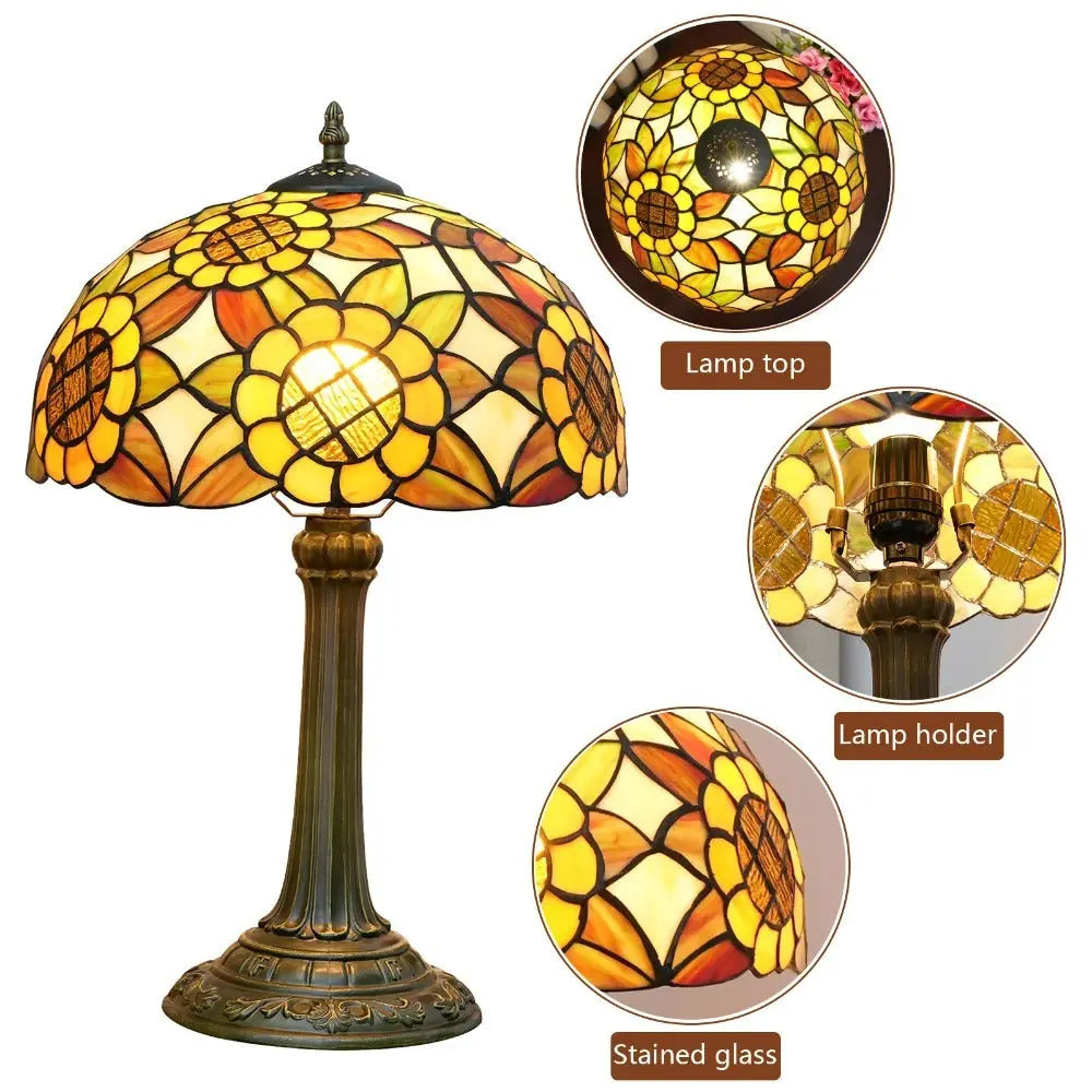 12inch Tiffany Stained Glass American Yellow Sunflower Lampshade Vintage Table Lamp - CTL