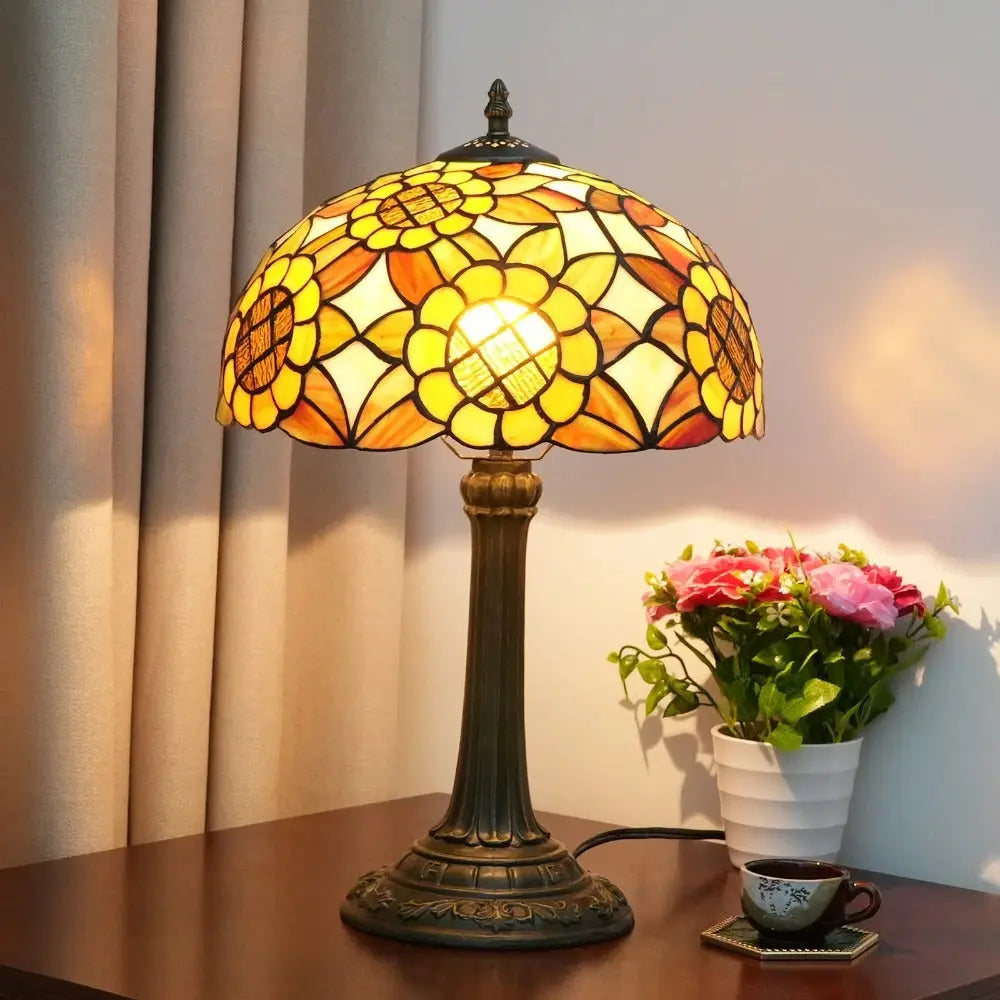 12inch Tiffany Stained Glass American Yellow Sunflower Lampshade Vintage Table Lamp - CTL