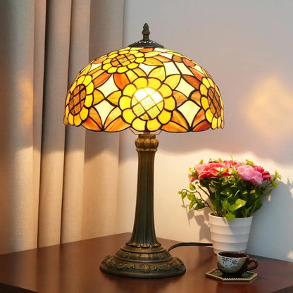 12inch Tiffany Stained Glass American Yellow Sunflower Lampshade Vintage Table Lamp - CTL