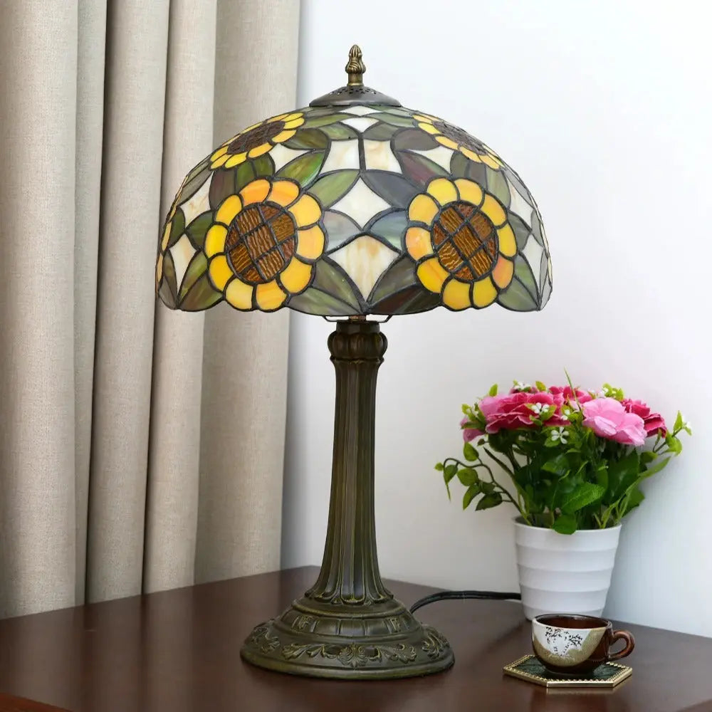 12inch Tiffany Stained Glass American Yellow Sunflower Lampshade Vintage Table Lamp - CTL