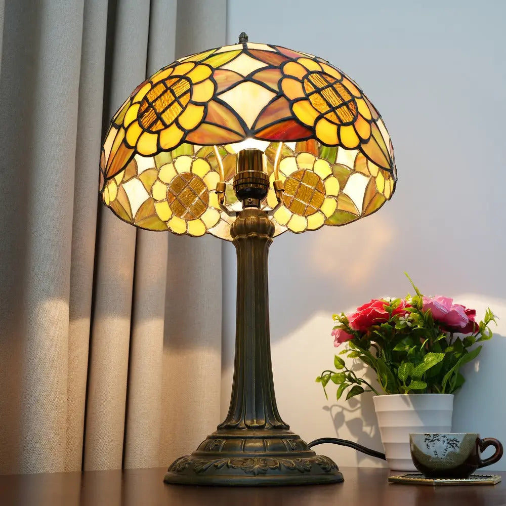 12inch Tiffany Stained Glass American Yellow Sunflower Lampshade Vintage Table Lamp - CTL