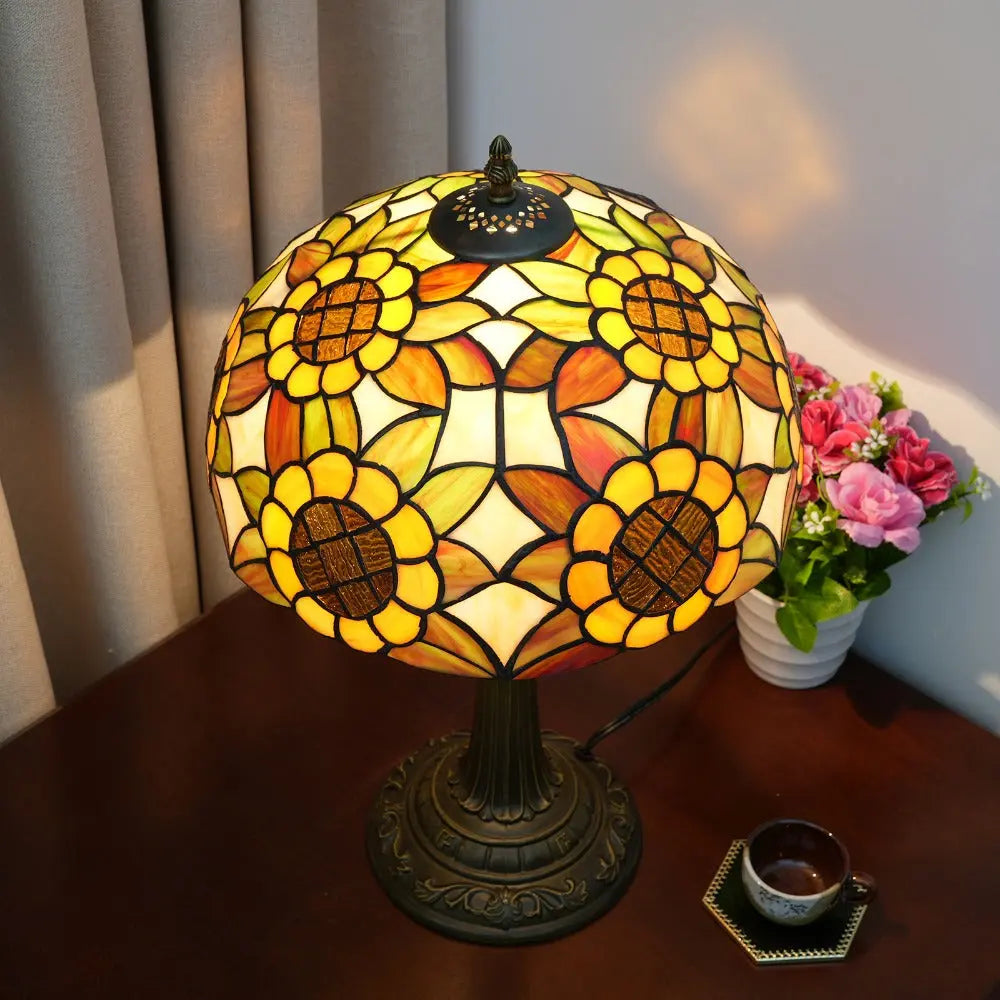 12inch Tiffany Stained Glass American Yellow Sunflower Lampshade Vintage Table Lamp - CTL