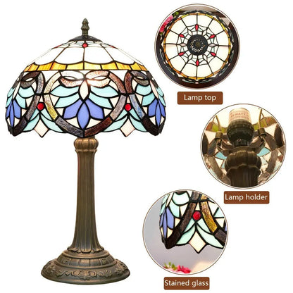 12inch Tiffany Stained Glass Blue Heart Floral Lampshade Office Home Vintage Table Lamp - CTL
