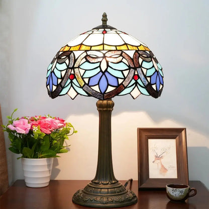 12inch Tiffany Stained Glass Blue Heart Floral Lampshade Office Home Vintage Table Lamp - CTL