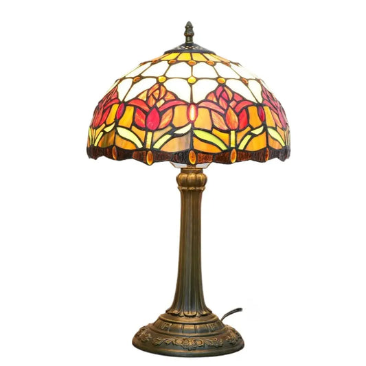 12inch Tiffany Stained Glass Floral Red Tulip Lampshade Vintage Desk Lamp - CTL