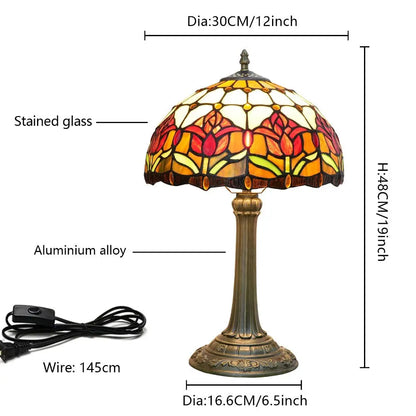 12inch Tiffany Stained Glass Floral Red Tulip Lampshade Vintage Desk Lamp - CTL