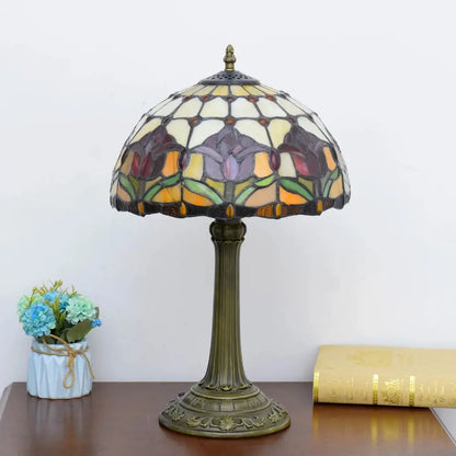 12inch Tiffany Stained Glass Floral Red Tulip Lampshade Vintage Desk Lamp - CTL