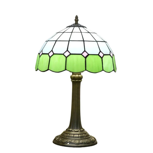 12inch Tiffany Stained Glass Mediterranean Green Plaid Lampshade Vintage Table Lamp - CTL