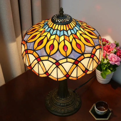 12inch Tiffany Stained Glass Retro Feathers Lampshade Vintage Table Lamp - CTL