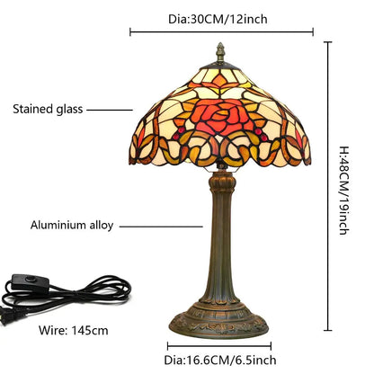 12inch Tiffany Stained Glass Rose Floral Lampshade Vintage Table Lamp - CTL
