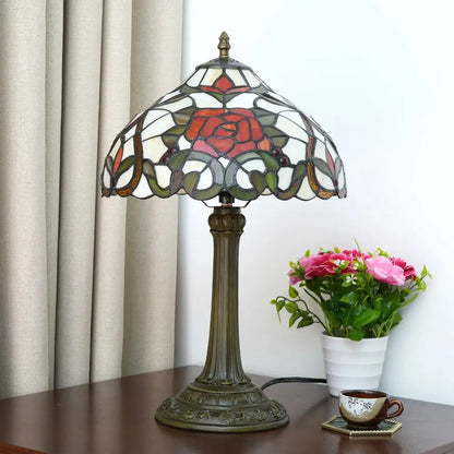 12inch Tiffany Stained Glass Rose Floral Lampshade Vintage Table Lamp - CTL