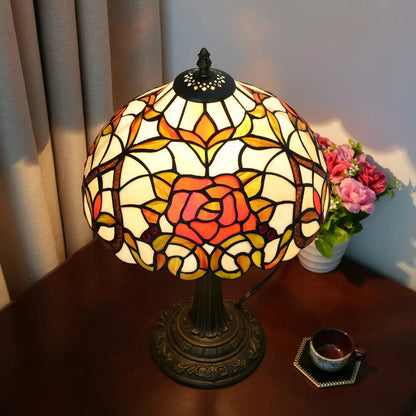 12inch Tiffany Stained Glass Rose Floral Lampshade Vintage Table Lamp - CTL
