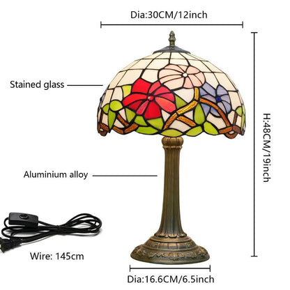 12inch Tiffany Stained Glass Tricolor Flowers Floral Lampshade Vintage Desk Lamp - CTL