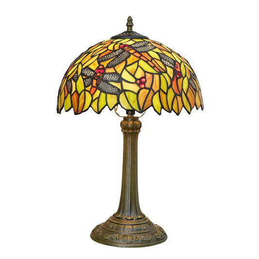 12inch Tiffany Antique Dragonfly Stained Glass Lamp Yellow Lampshade Vintage Desk Light - CTL