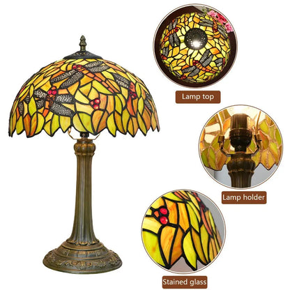 12inch Tiffany Antique Dragonfly Stained Glass Lamp Yellow Lampshade Vintage Desk Light - CTL