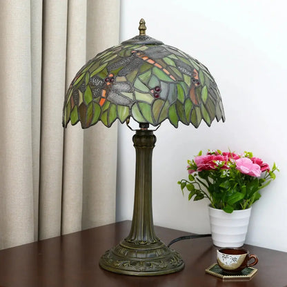 12inch Tiffany Antique Dragonfly Stained Glass Lamp Yellow Lampshade Vintage Desk Light - CTL
