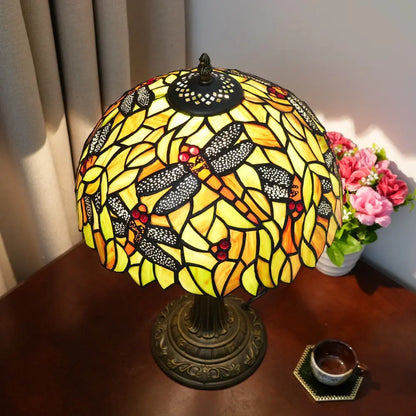 12inch Tiffany Antique Dragonfly Stained Glass Lamp Yellow Lampshade Vintage Desk Light - CTL