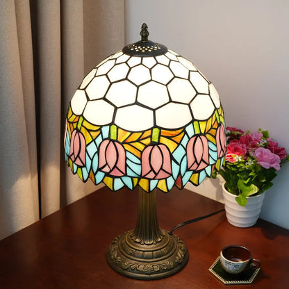 12inch Tiffany Tulip Lamp Stained Glass Pink Lampshade Vintage Table Lamps - CTL