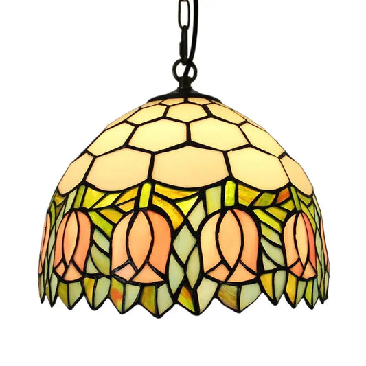 12inch Vintage Tiffany Lamp Pink Rose Lampshade Stained Glass Pendant Light - CTL
