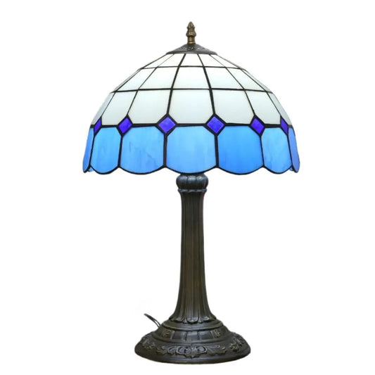 12inch Vintage Tiffany Stained Glass Blue Plaid Lampshade Bedroom Bedside Light - CTL