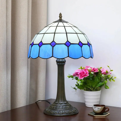 12inch Vintage Tiffany Stained Glass Blue Plaid Lampshade Bedroom Bedside Light - CTL