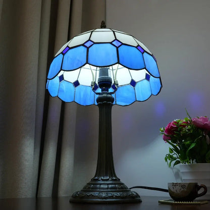 12inch Vintage Tiffany Stained Glass Blue Plaid Lampshade Bedroom Bedside Light - CTL