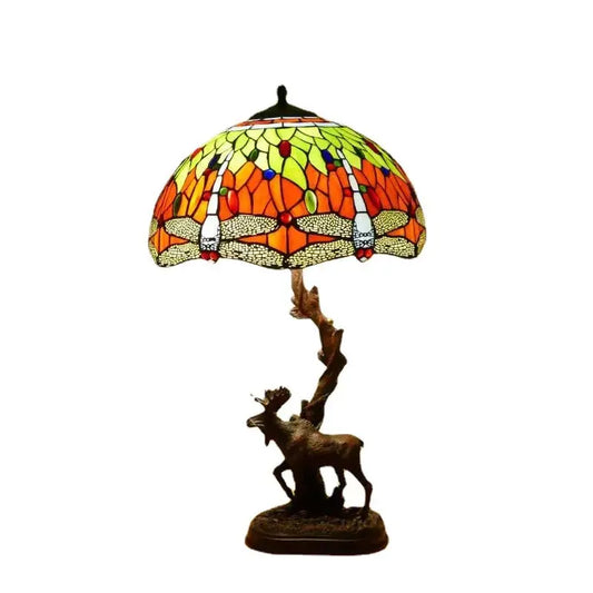 16Inch Stained Glass Rose Floral Lampshade Tiffany Desk Lamp with Deer Base - CTL