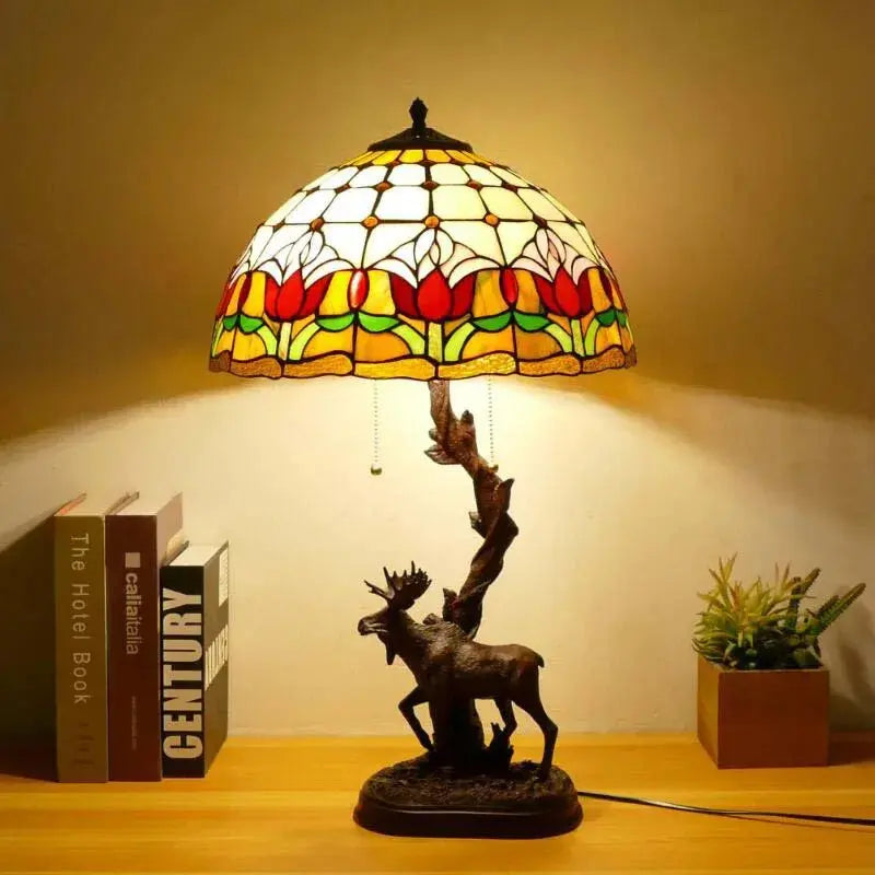 16Inch Stained Glass Rose Floral Lampshade Tiffany Desk Lamp with Deer Base - CTL