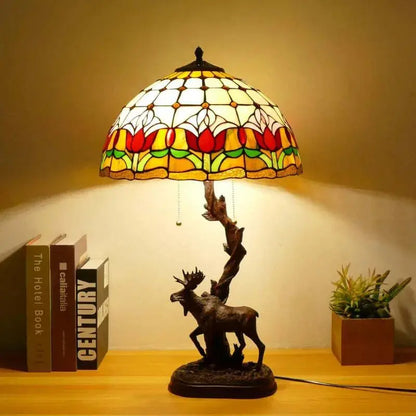 16Inch Stained Glass Rose Floral Lampshade Tiffany Desk Lamp with Deer Base - CTL