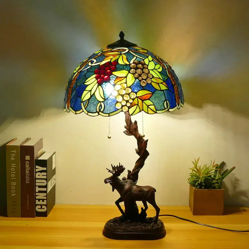 16Inch Stained Glass Rose Floral Lampshade Tiffany Desk Lamp with Deer Base - CTL