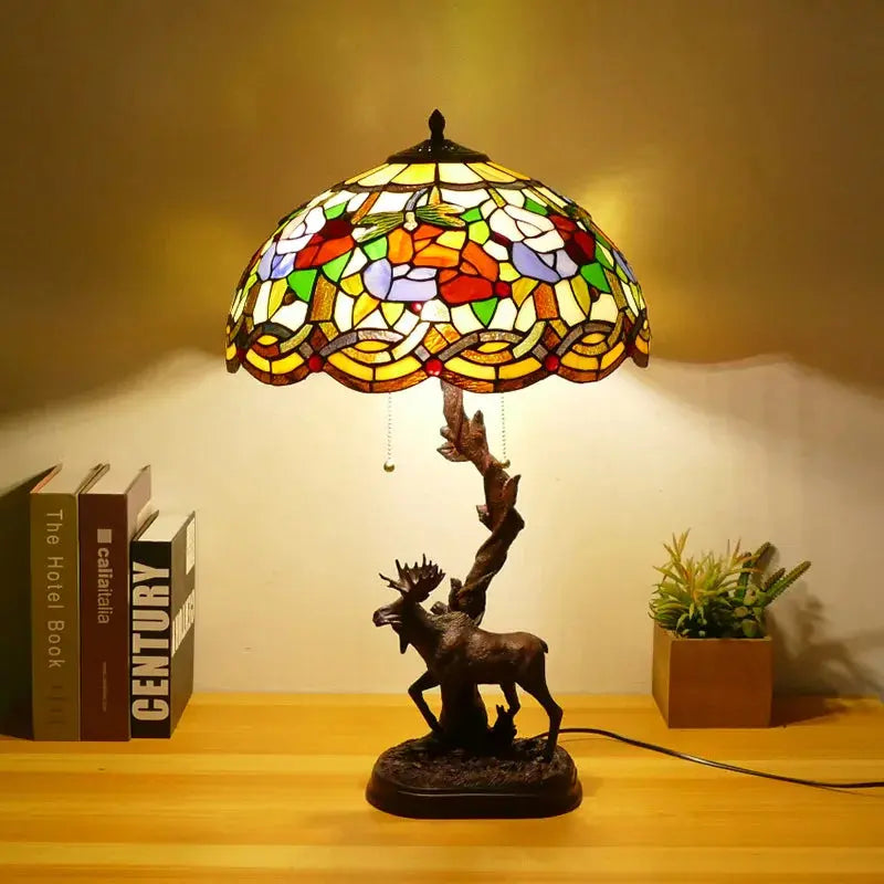 16Inch Stained Glass Rose Floral Lampshade Tiffany Desk Lamp with Deer Base - CTL