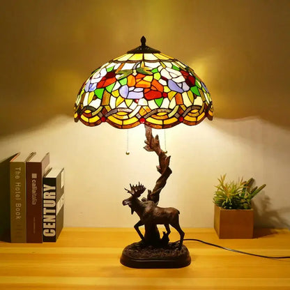 16Inch Stained Glass Rose Floral Lampshade Tiffany Desk Lamp with Deer Base - CTL