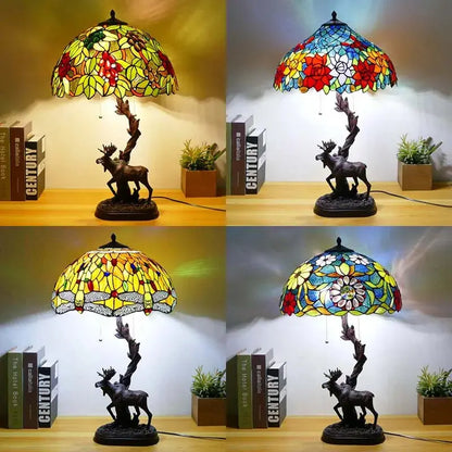 16Inch Stained Glass Rose Floral Lampshade Tiffany Desk Lamp with Deer Base - CTL