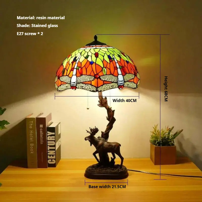 16Inch Stained Glass Rose Floral Lampshade Tiffany Desk Lamp with Deer Base - CTL