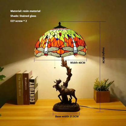 16Inch Stained Glass Rose Floral Lampshade Tiffany Desk Lamp with Deer Base - CTL