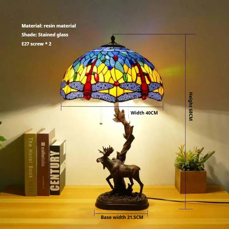 16Inch Stained Glass Rose Floral Lampshade Tiffany Desk Lamp with Deer Base - CTL