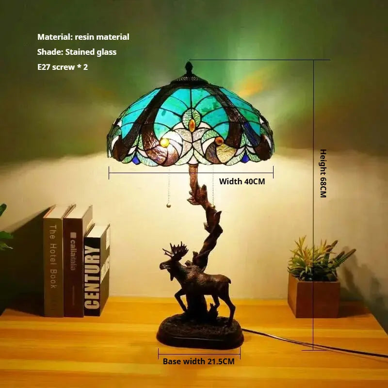 16Inch Stained Glass Rose Floral Lampshade Tiffany Desk Lamp with Deer Base - CTL