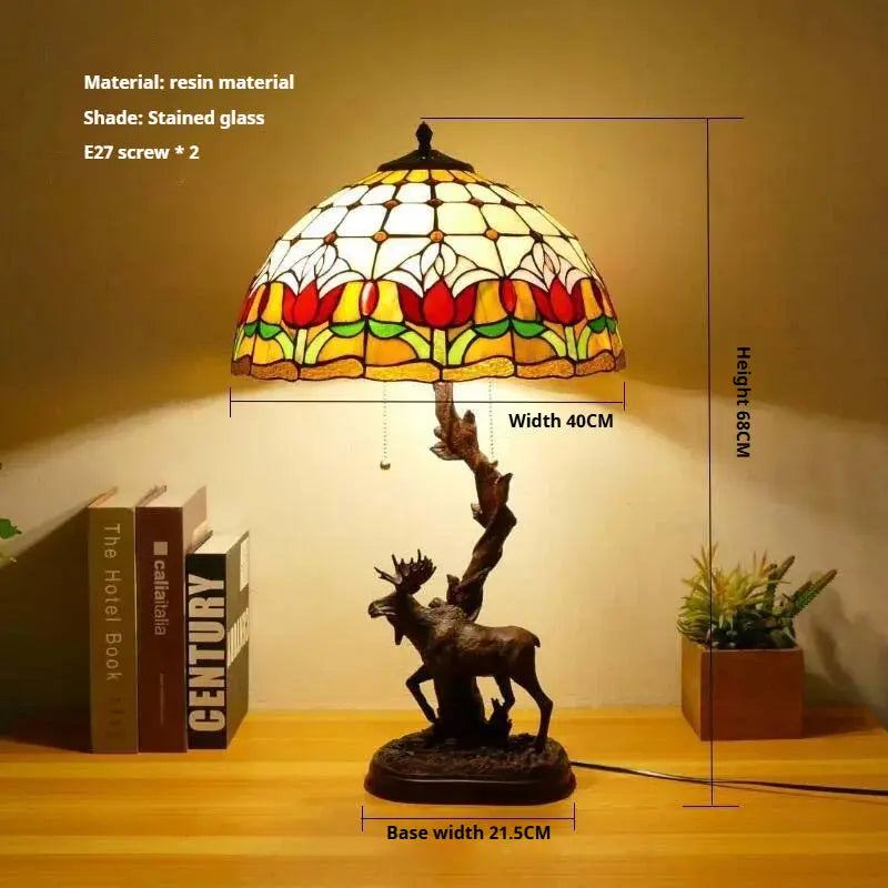 16Inch Stained Glass Rose Floral Lampshade Tiffany Desk Lamp with Deer Base - CTL