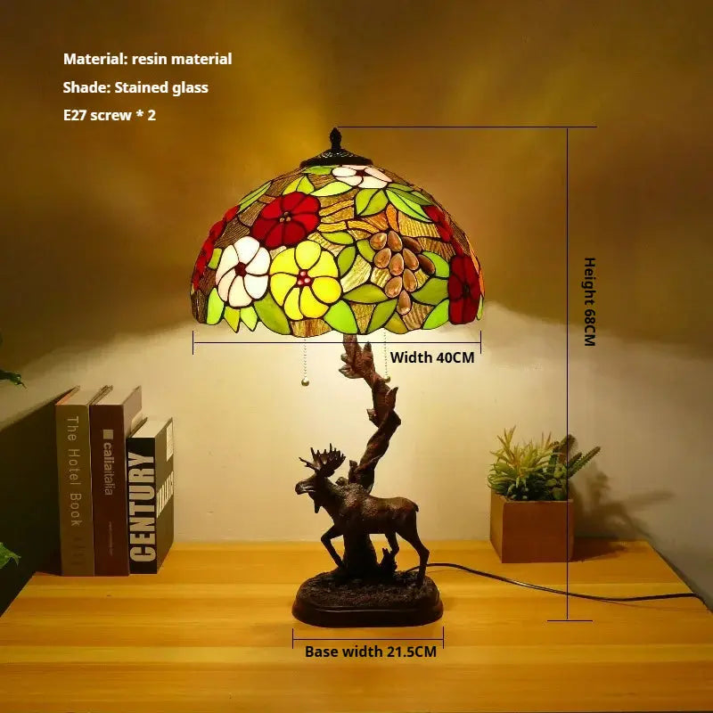 16Inch Stained Glass Rose Floral Lampshade Tiffany Desk Lamp with Deer Base - CTL