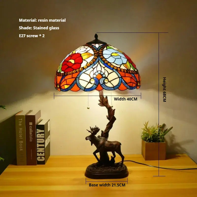16Inch Stained Glass Rose Floral Lampshade Tiffany Desk Lamp with Deer Base - CTL
