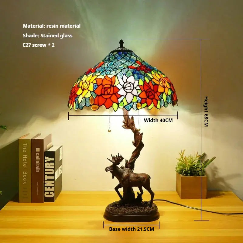 16Inch Stained Glass Rose Floral Lampshade Tiffany Desk Lamp with Deer Base - CTL