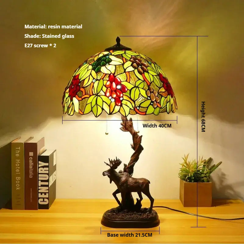 16Inch Stained Glass Rose Floral Lampshade Tiffany Desk Lamp with Deer Base - CTL