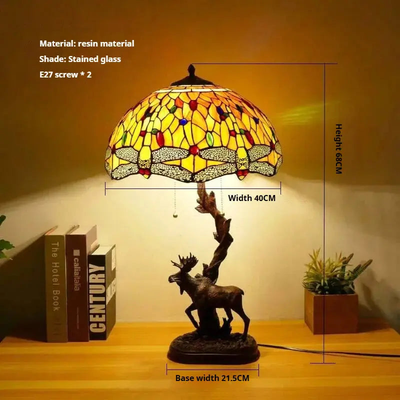 16Inch Stained Glass Rose Floral Lampshade Tiffany Desk Lamp with Deer Base - CTL