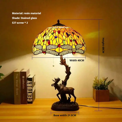 16Inch Stained Glass Rose Floral Lampshade Tiffany Desk Lamp with Deer Base - CTL