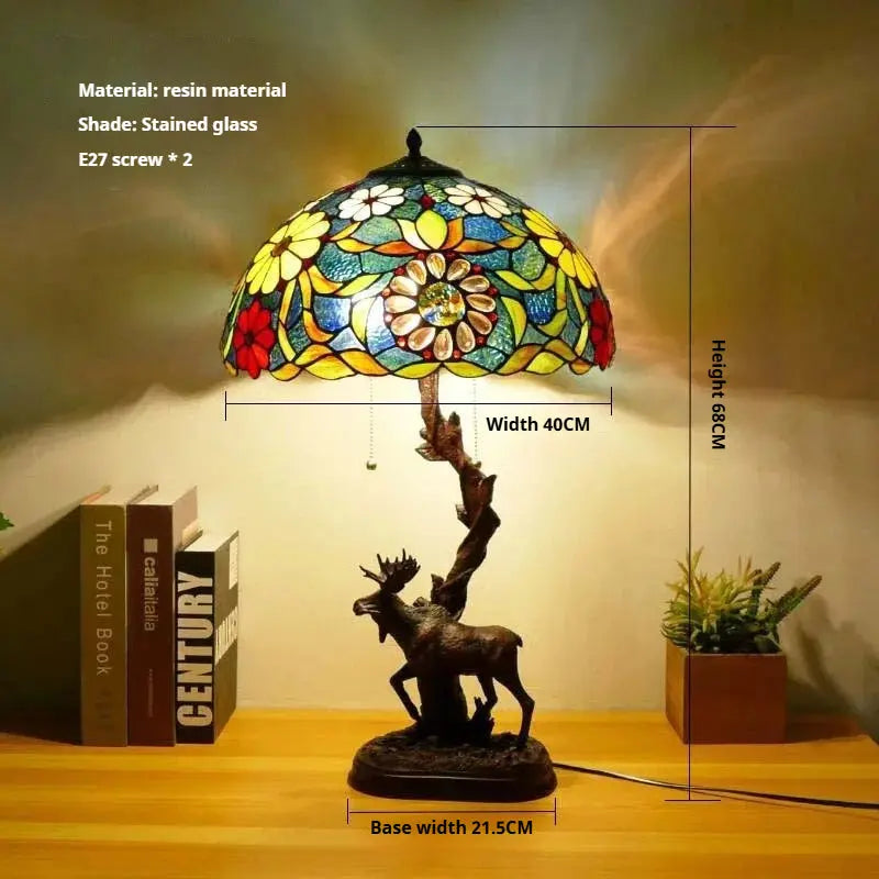 16Inch Stained Glass Rose Floral Lampshade Tiffany Desk Lamp with Deer Base - CTL
