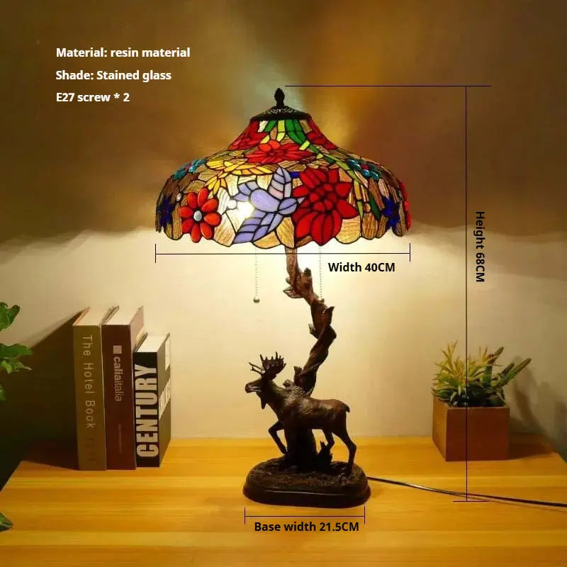 16Inch Stained Glass Rose Floral Lampshade Tiffany Desk Lamp with Deer Base - CTL